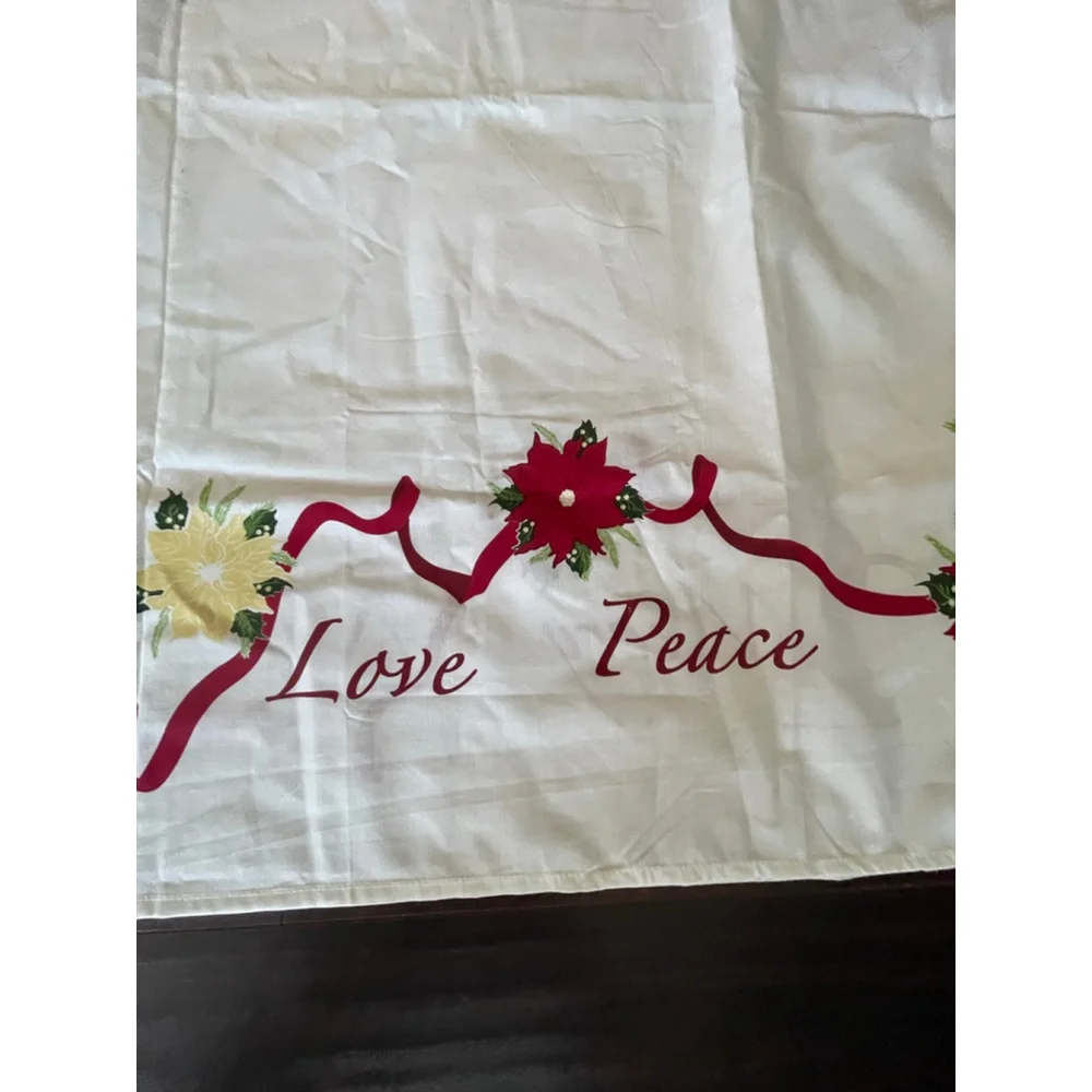 Trim A Home Christmas Tablecloth 61.5x86 Poinsettia Ribbon Script Holiday